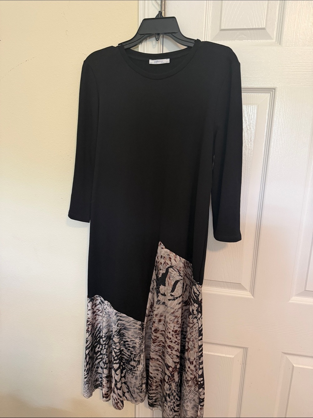 Zara Black Mixed-Print Long Sleeve Midi Dress